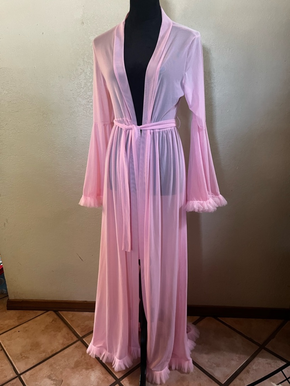 Sheer Pink Long Chiffon Robe with Tie Belt